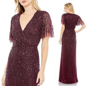 Mac Duggal 35109 Size 2 Surplice Bodice Leafy Embellished Flutter Sleeves Gown